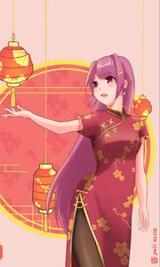 Preview wallpaper girl, kimono, chinese lanterns, anime, art