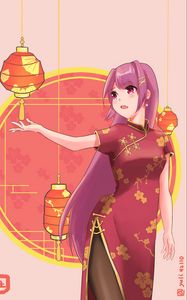 Preview wallpaper girl, kimono, chinese lanterns, anime, art