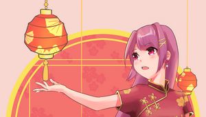 Preview wallpaper girl, kimono, chinese lanterns, anime, art