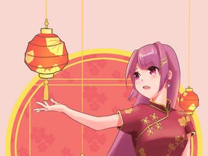 Preview wallpaper girl, kimono, chinese lanterns, anime, art