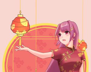 Preview wallpaper girl, kimono, chinese lanterns, anime, art