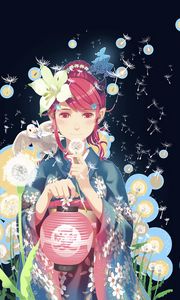 Preview wallpaper girl, kimono, dandelions, pigeon, anime