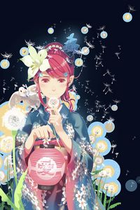 Preview wallpaper girl, kimono, dandelions, pigeon, anime