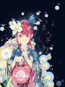 Preview wallpaper girl, kimono, dandelions, pigeon, anime