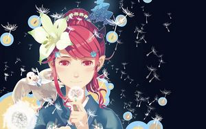 Preview wallpaper girl, kimono, dandelions, pigeon, anime