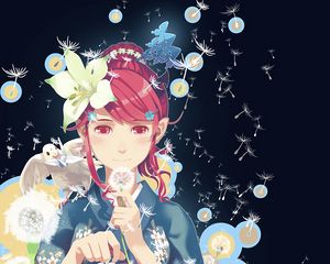 Preview wallpaper girl, kimono, dandelions, pigeon, anime