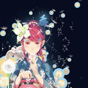 Preview wallpaper girl, kimono, dandelions, pigeon, anime