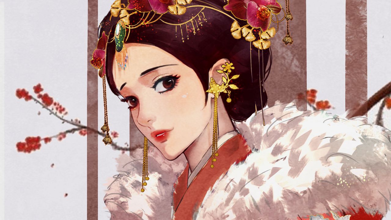 Wallpaper girl, kimono, decoration, glance, anime, japan