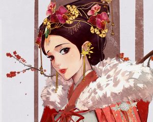 Preview wallpaper girl, kimono, decoration, glance, anime, japan