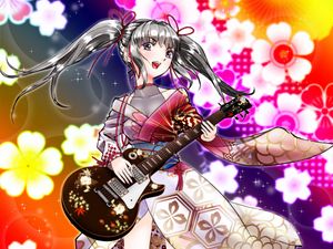 Preview wallpaper girl, kimono, electric guitar, guitar, anime