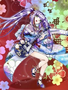 Preview wallpaper girl, kimono, electric guitar, guitar, music, anime