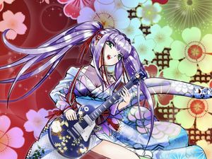 Preview wallpaper girl, kimono, electric guitar, guitar, music, anime