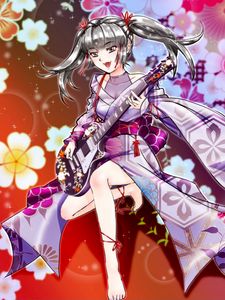 Preview wallpaper girl, kimono, electric guitar, music, anime