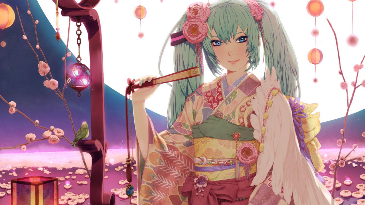 Wallpaper girl, kimono, fan, smile, moon, lantern