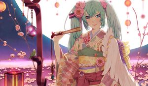 Preview wallpaper girl, kimono, fan, smile, moon, lantern