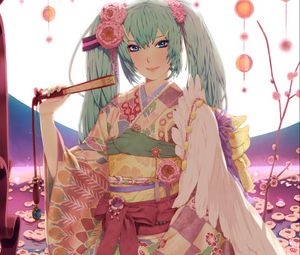 Preview wallpaper girl, kimono, fan, smile, moon, lantern