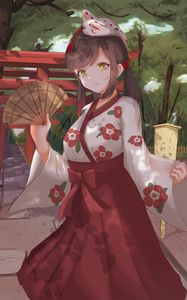 Preview wallpaper girl, kimono, fan, mask, anime, art