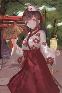 Preview wallpaper girl, kimono, fan, mask, anime, art