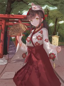 Preview wallpaper girl, kimono, fan, mask, anime, art