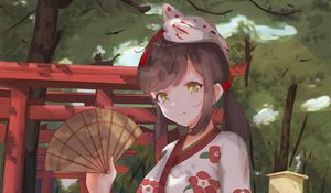 Preview wallpaper girl, kimono, fan, mask, anime, art