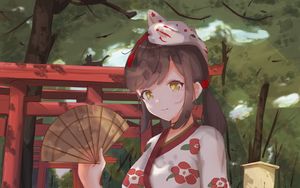 Preview wallpaper girl, kimono, fan, mask, anime, art