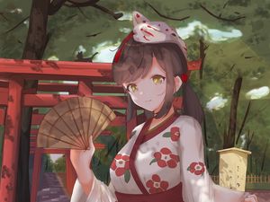 Preview wallpaper girl, kimono, fan, mask, anime, art