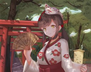 Preview wallpaper girl, kimono, fan, mask, anime, art