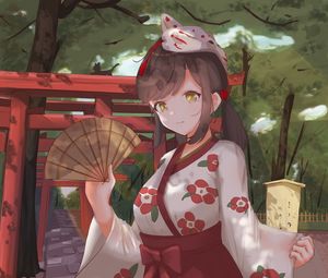 Preview wallpaper girl, kimono, fan, mask, anime, art