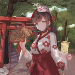 Preview wallpaper girl, kimono, fan, mask, anime, art