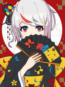 Preview wallpaper girl, kimono, fan, anime, art, colorful