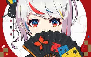 Preview wallpaper girl, kimono, fan, anime, art, colorful