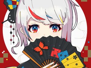 Preview wallpaper girl, kimono, fan, anime, art, colorful