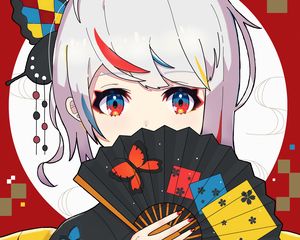 Preview wallpaper girl, kimono, fan, anime, art, colorful