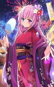 Preview wallpaper girl, kimono, fan, fireworks, holiday, anime