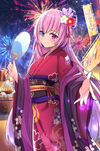 Preview wallpaper girl, kimono, fan, fireworks, holiday, anime