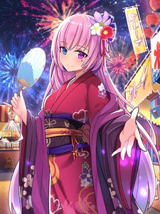 Preview wallpaper girl, kimono, fan, fireworks, holiday, anime