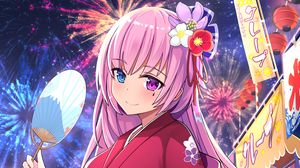 Preview wallpaper girl, kimono, fan, fireworks, holiday, anime