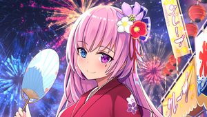 Preview wallpaper girl, kimono, fan, fireworks, holiday, anime