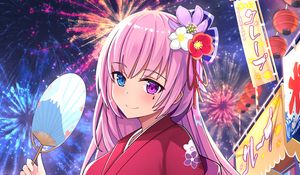 Preview wallpaper girl, kimono, fan, fireworks, holiday, anime