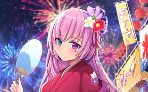 Preview wallpaper girl, kimono, fan, fireworks, holiday, anime