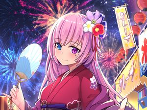 Preview wallpaper girl, kimono, fan, fireworks, holiday, anime