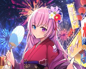 Preview wallpaper girl, kimono, fan, fireworks, holiday, anime