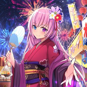 Preview wallpaper girl, kimono, fan, fireworks, holiday, anime