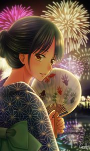 Preview wallpaper girl, kimono, fan, firework, holiday, anime