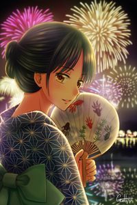 Preview wallpaper girl, kimono, fan, firework, holiday, anime