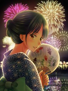 Preview wallpaper girl, kimono, fan, firework, holiday, anime