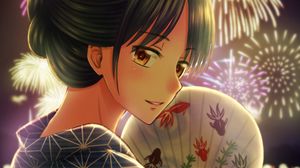 Preview wallpaper girl, kimono, fan, firework, holiday, anime