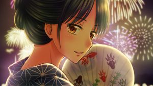 Preview wallpaper girl, kimono, fan, firework, holiday, anime