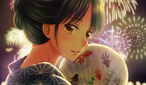 Preview wallpaper girl, kimono, fan, firework, holiday, anime