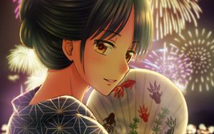 Preview wallpaper girl, kimono, fan, firework, holiday, anime